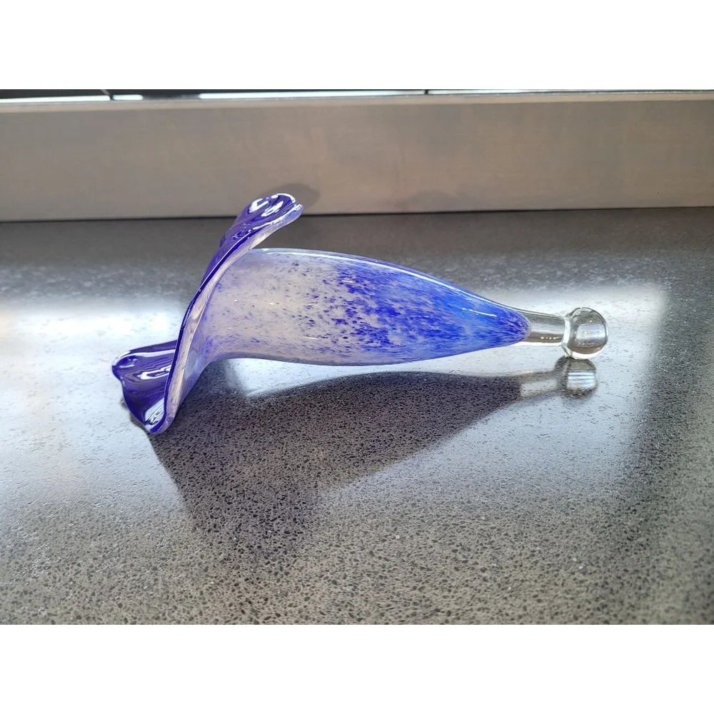 Signed Studio Art Glass Cobalt Blue Trumpet Vase White Splatter 9in